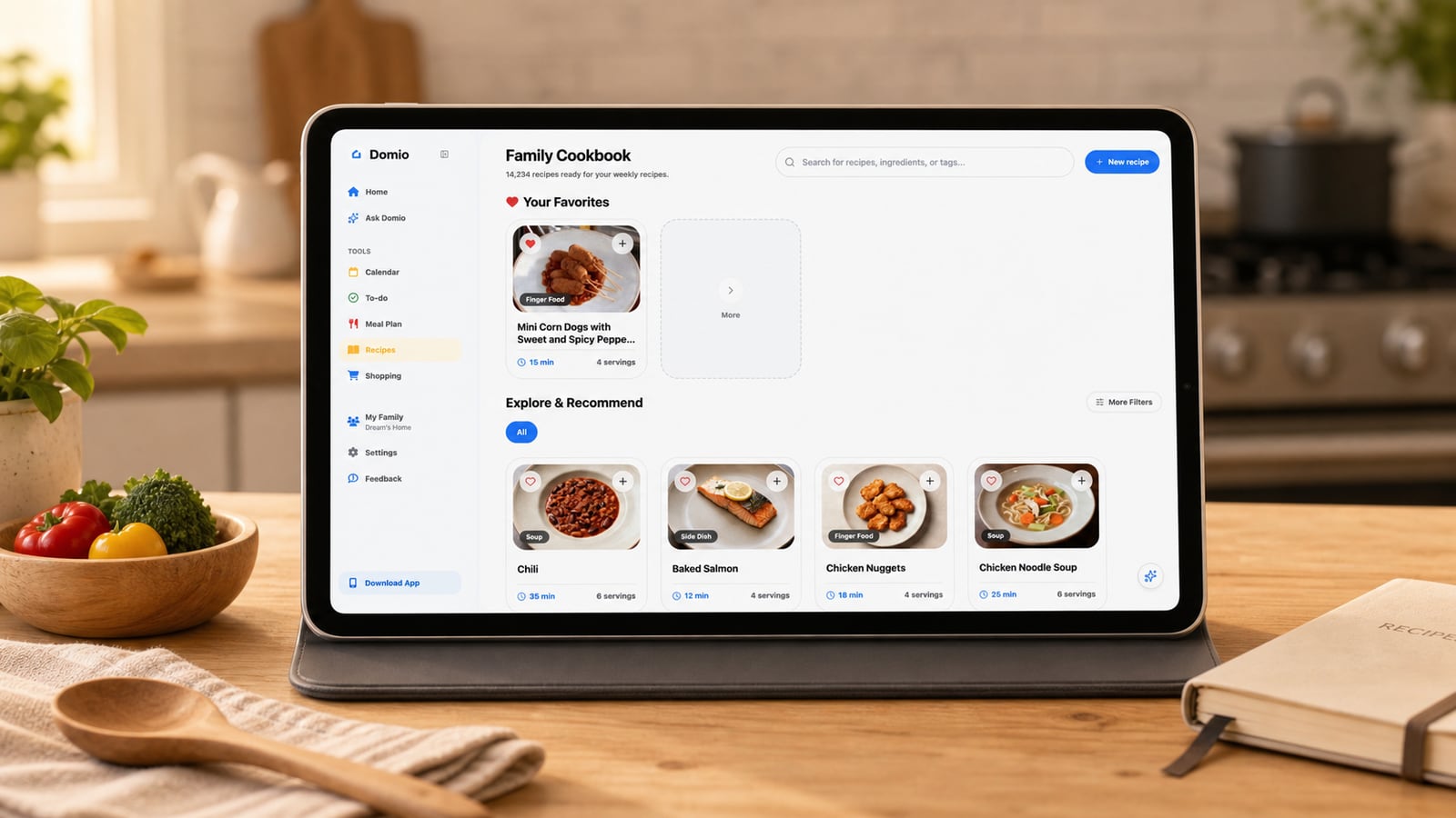 Domio Web family cookbook for meal planning