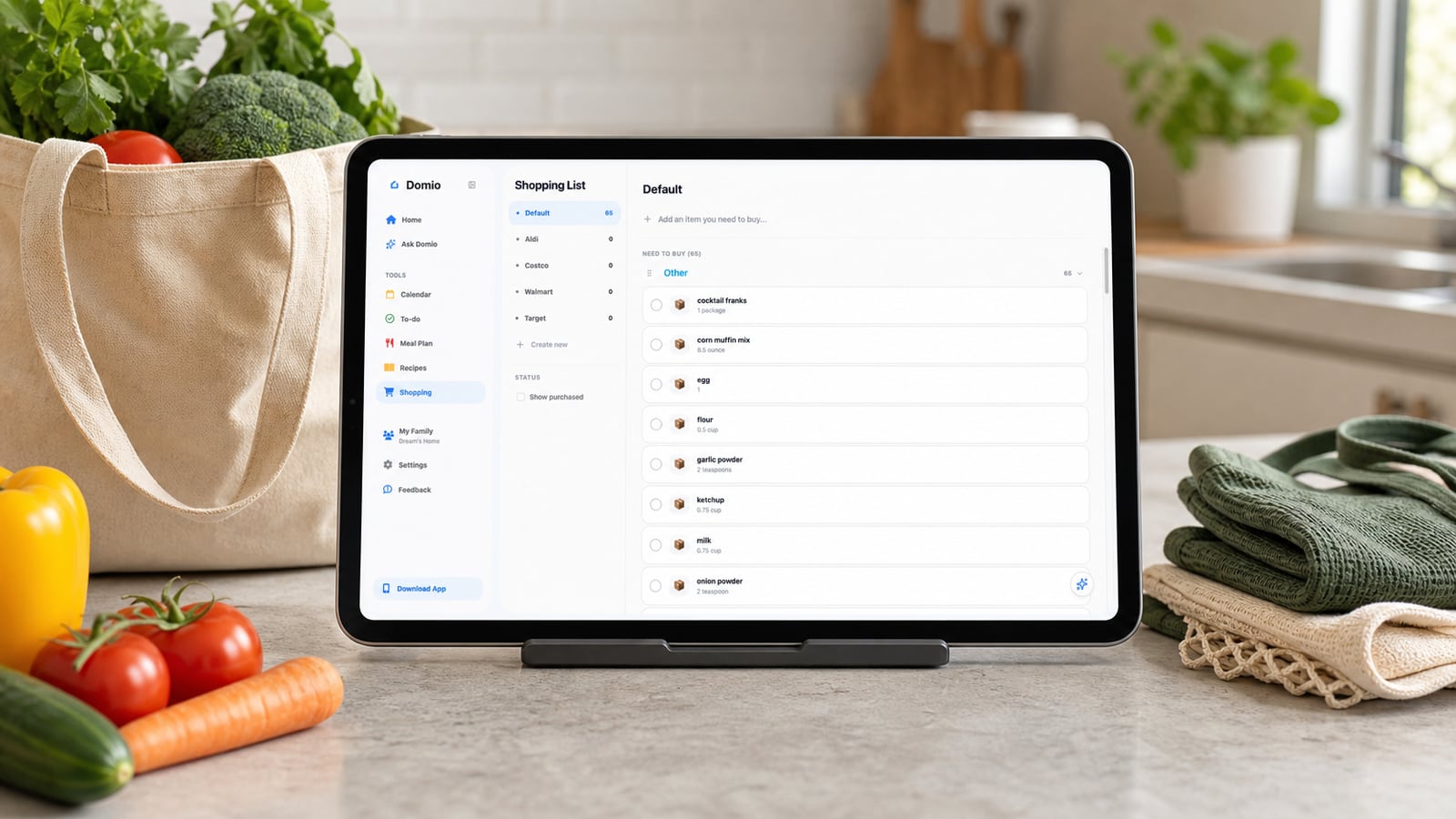 Domio Web shopping list connected to family plans