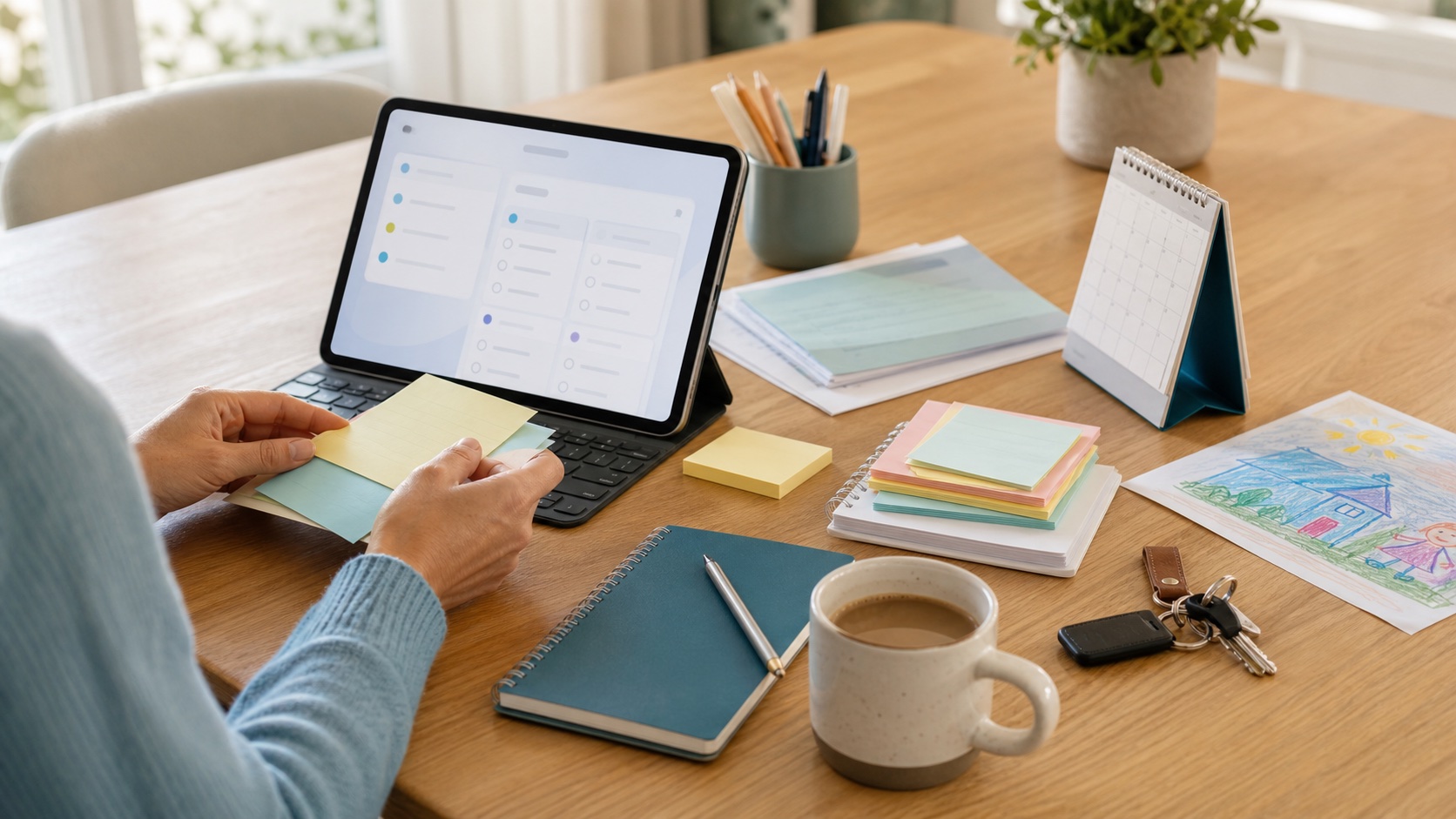 Parent organizing family notes with an AI assistant on a tablet
