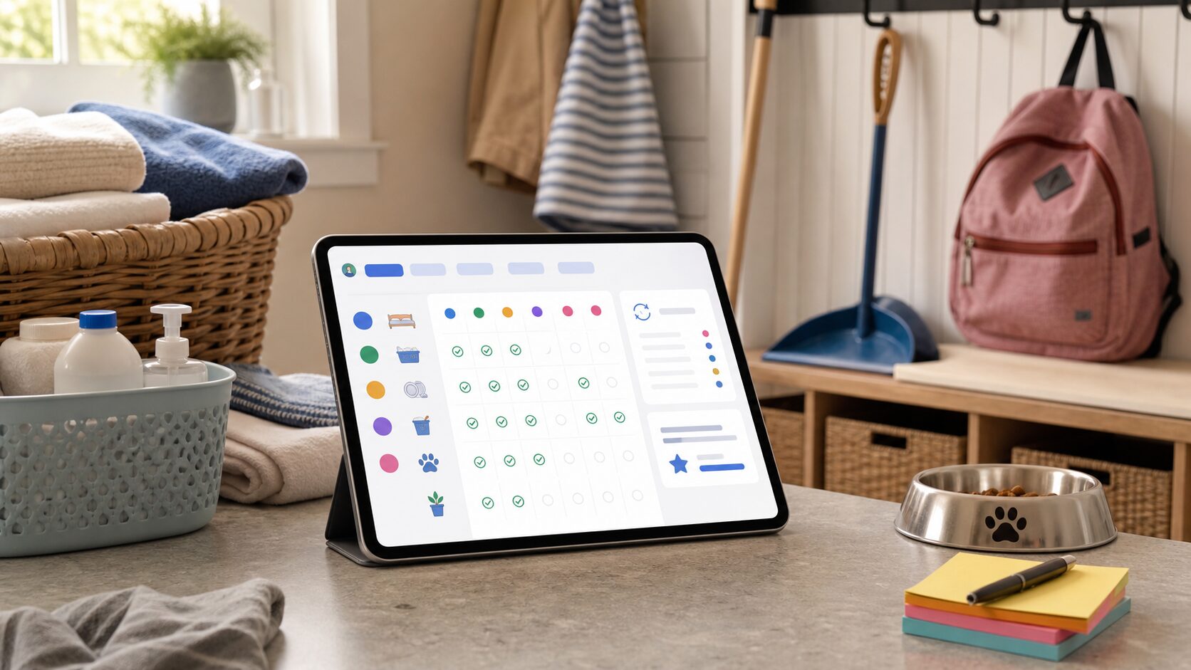 Family chore chart app on a tablet in a home mudroom
