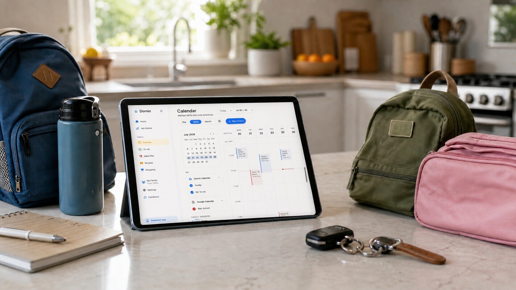 Color-coded family calendar on a tablet between school backpacks in a bright kitchen