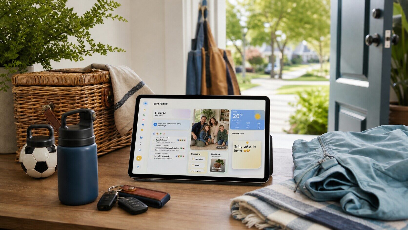 Family weekend planner on a tablet beside picnic and activity gear by an open door