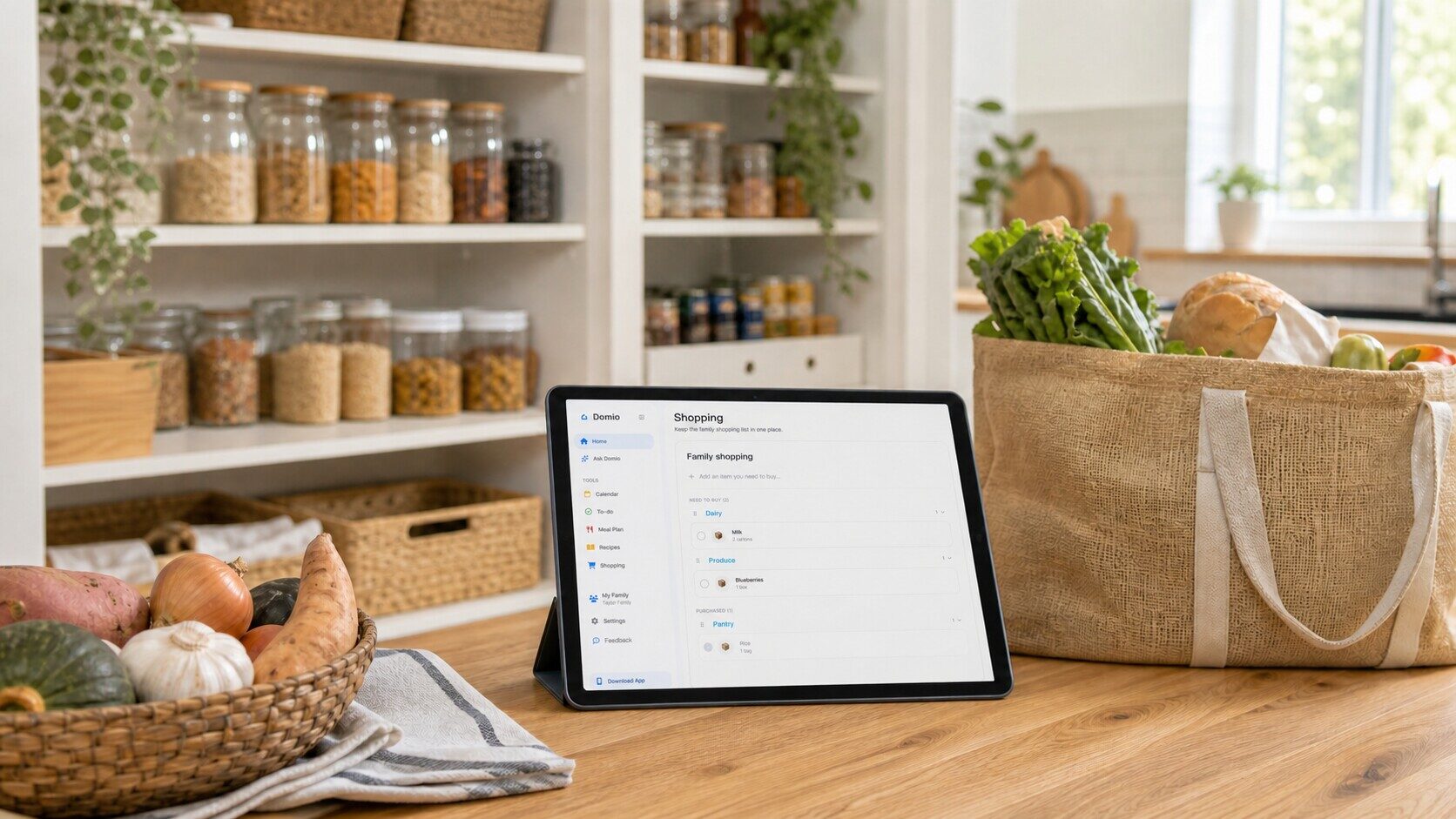 Pantry inventory checklist on a tablet beside family staples and groceries