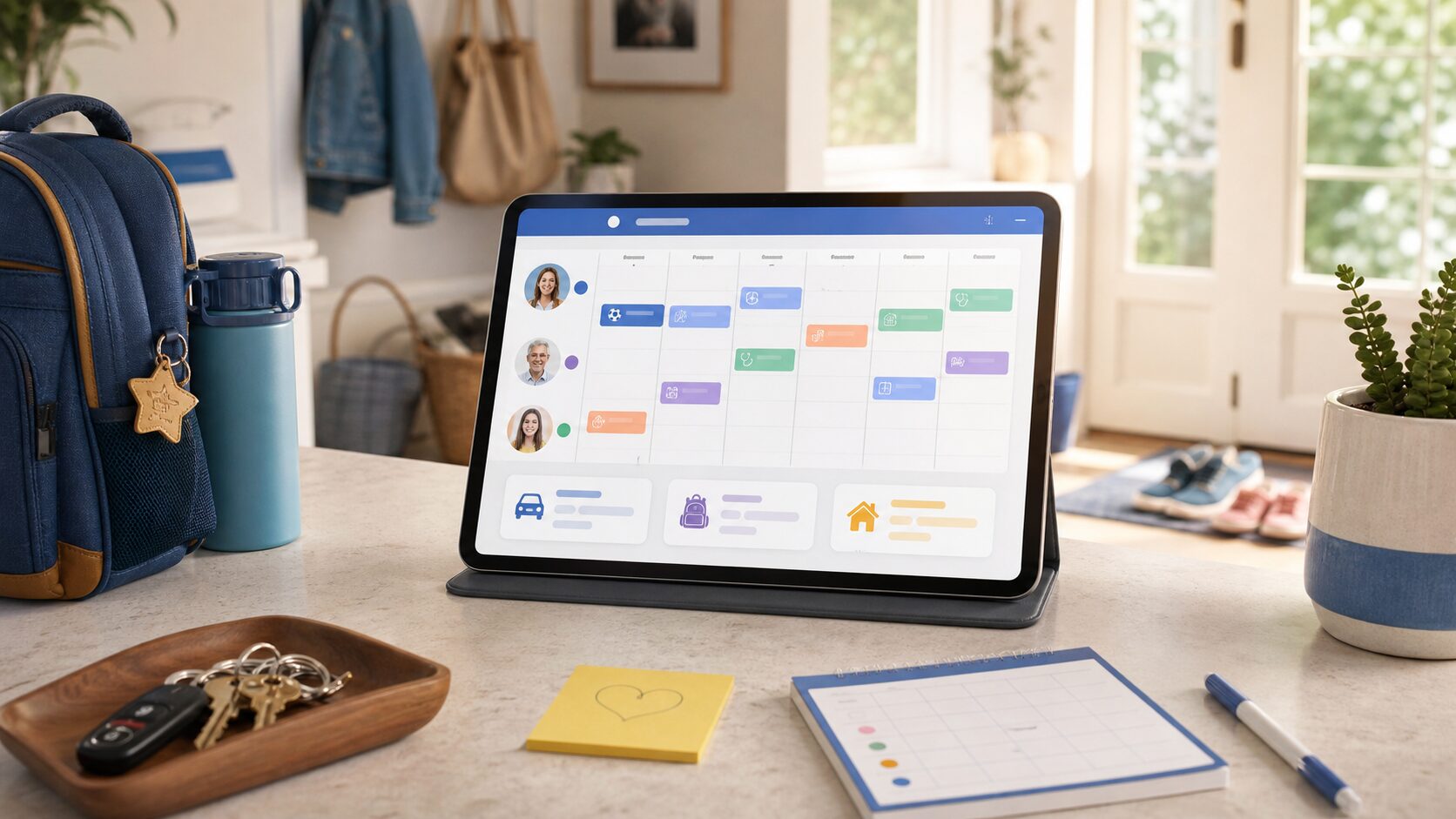 Shared caregiver calendar on a tablet with family handoff notes