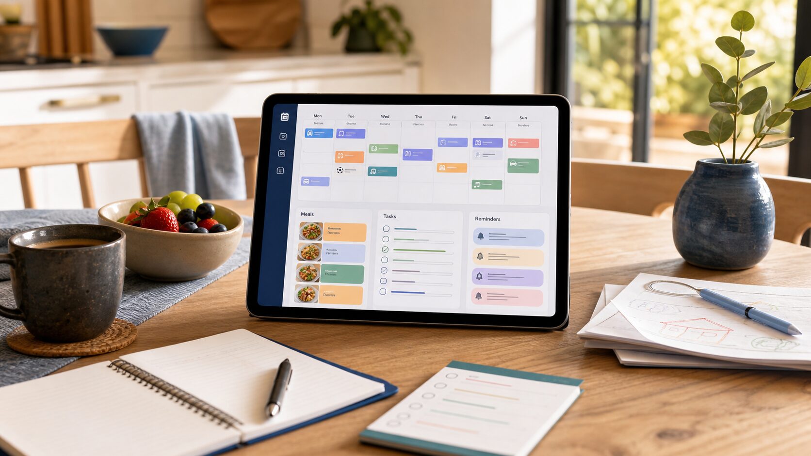 Weekly family planner on a kitchen table with schedules meals and tasks